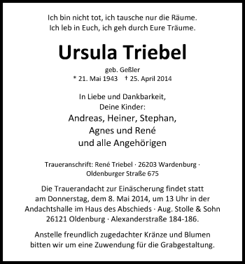Traueranzeige von Ursula Triebel von Nordwest-Zeitung