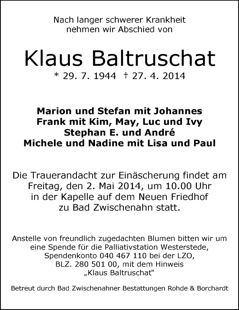  Traueranzeige für Klaus Baltruschat vom 30.04.2014 aus Nordwest-Zeitung