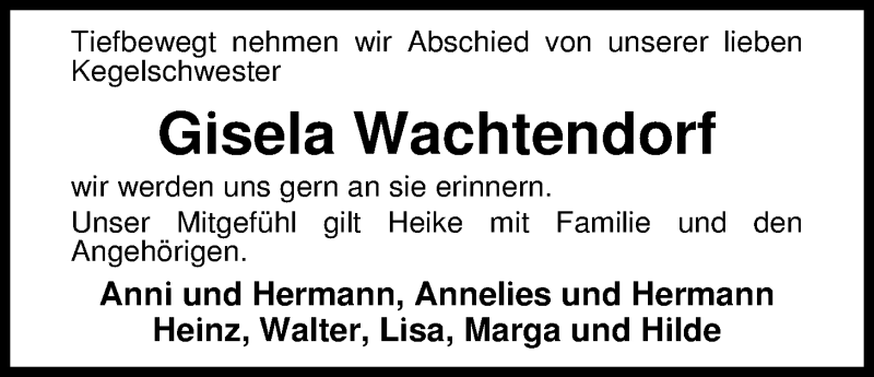  Traueranzeige für Gisela Wachtendorf vom 30.04.2014 aus Nordwest-Zeitung