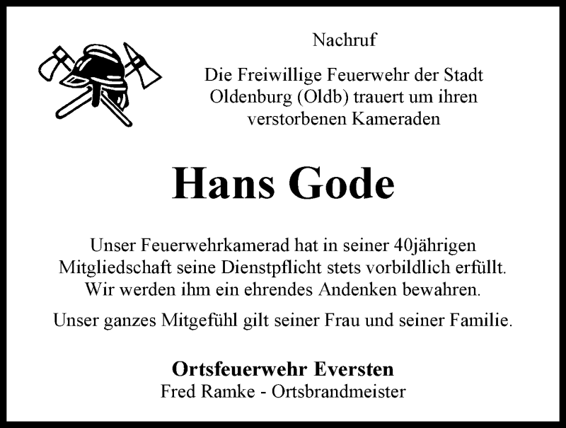  Traueranzeige für Hans Gode vom 30.04.2014 aus Nordwest-Zeitung