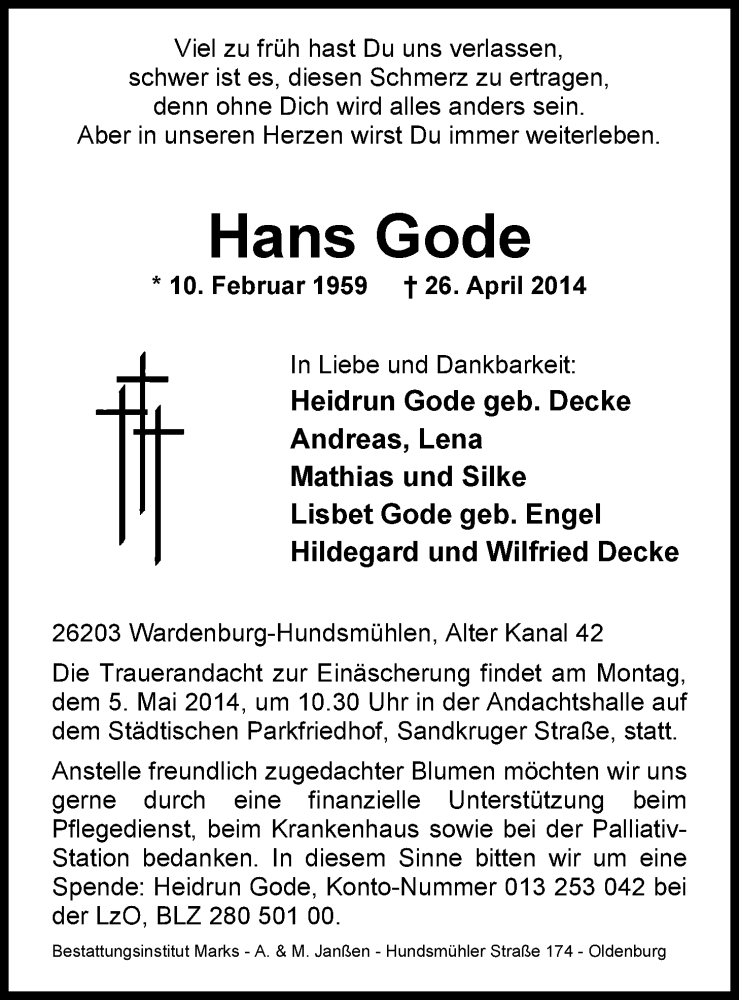  Traueranzeige für Hans Gode vom 30.04.2014 aus Nordwest-Zeitung