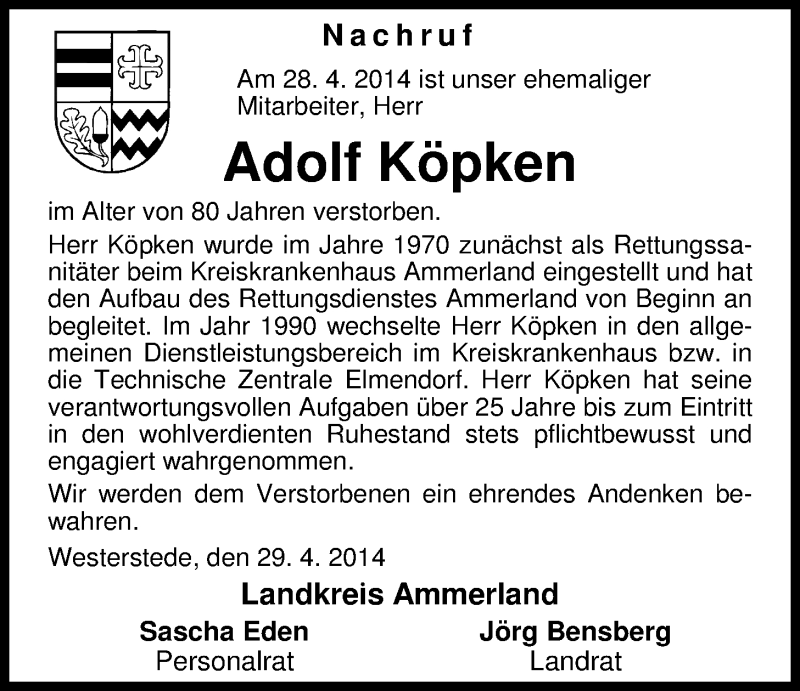  Traueranzeige für Adolf Köpken vom 02.05.2014 aus Nordwest-Zeitung