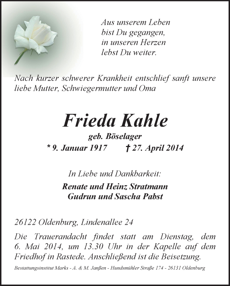  Traueranzeige für Frieda Kahle vom 30.04.2014 aus Nordwest-Zeitung