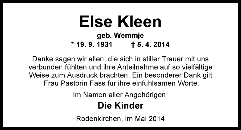  Traueranzeige für Else Kleen vom 02.05.2014 aus Nordwest-Zeitung