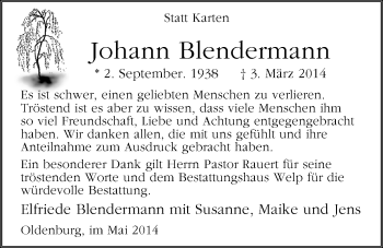 Traueranzeige von Johann Blendermann von Nordwest-Zeitung