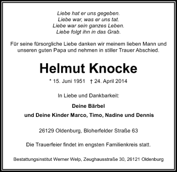 Traueranzeige von Helmut Knocke von Nordwest-Zeitung