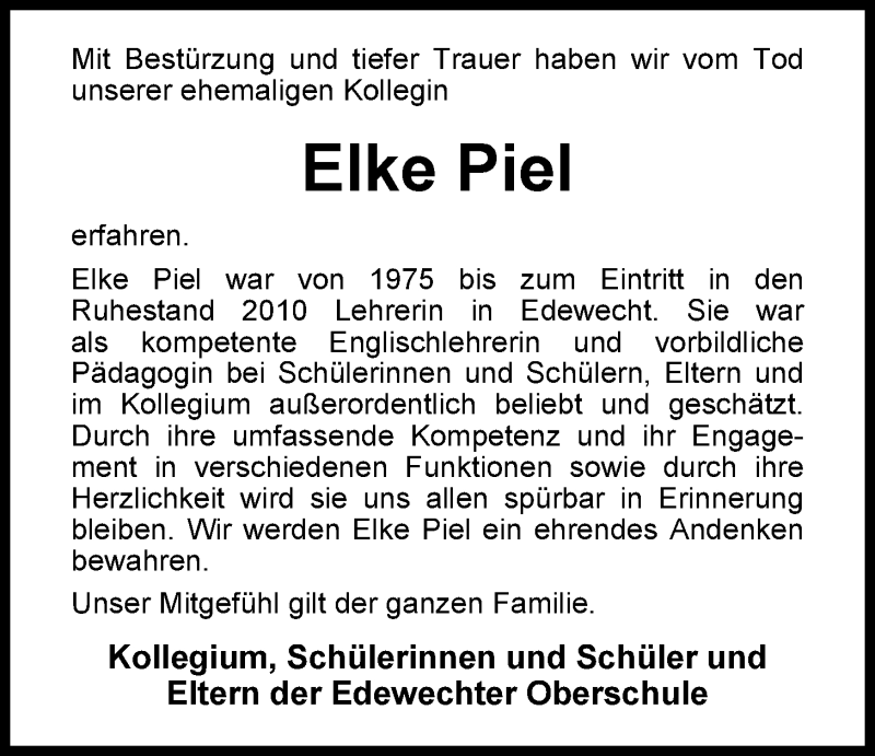  Traueranzeige für Elke Piel vom 02.05.2014 aus Nordwest-Zeitung