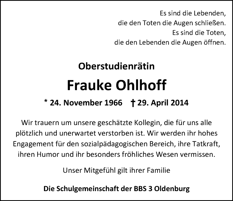  Traueranzeige für Frauke Ohlhoff vom 03.05.2014 aus Nordwest-Zeitung
