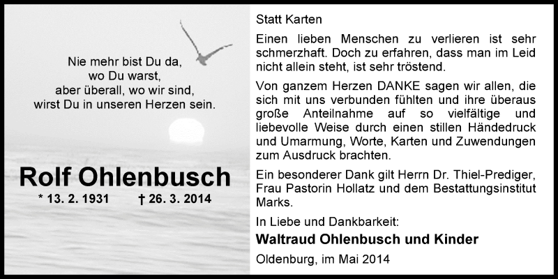  Traueranzeige für Rolf Ohlenbusch vom 03.05.2014 aus Nordwest-Zeitung