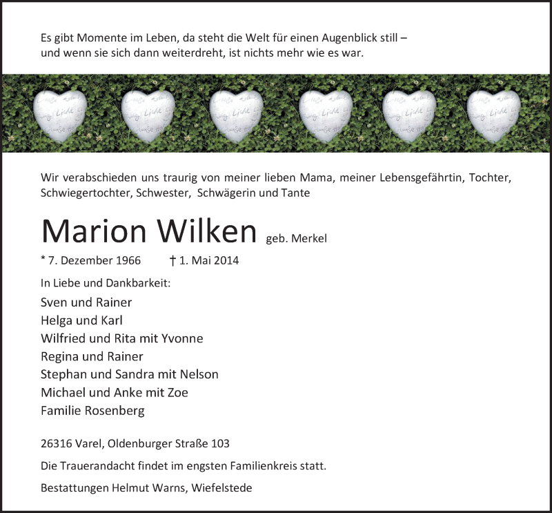  Traueranzeige für Marion Wilken vom 03.05.2014 aus Nordwest-Zeitung