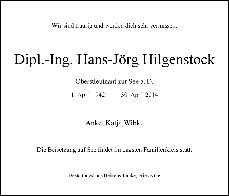  Traueranzeige für Hans-Jörg Hilgenstock vom 03.05.2014 aus Nordwest-Zeitung