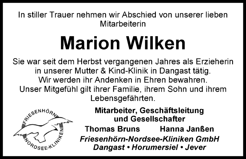  Traueranzeige für Marion Wilken vom 03.05.2014 aus Nordwest-Zeitung