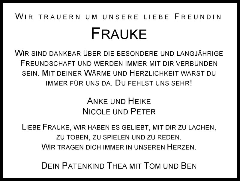  Traueranzeige für Frauke Ohlhoff vom 03.05.2014 aus Nordwest-Zeitung
