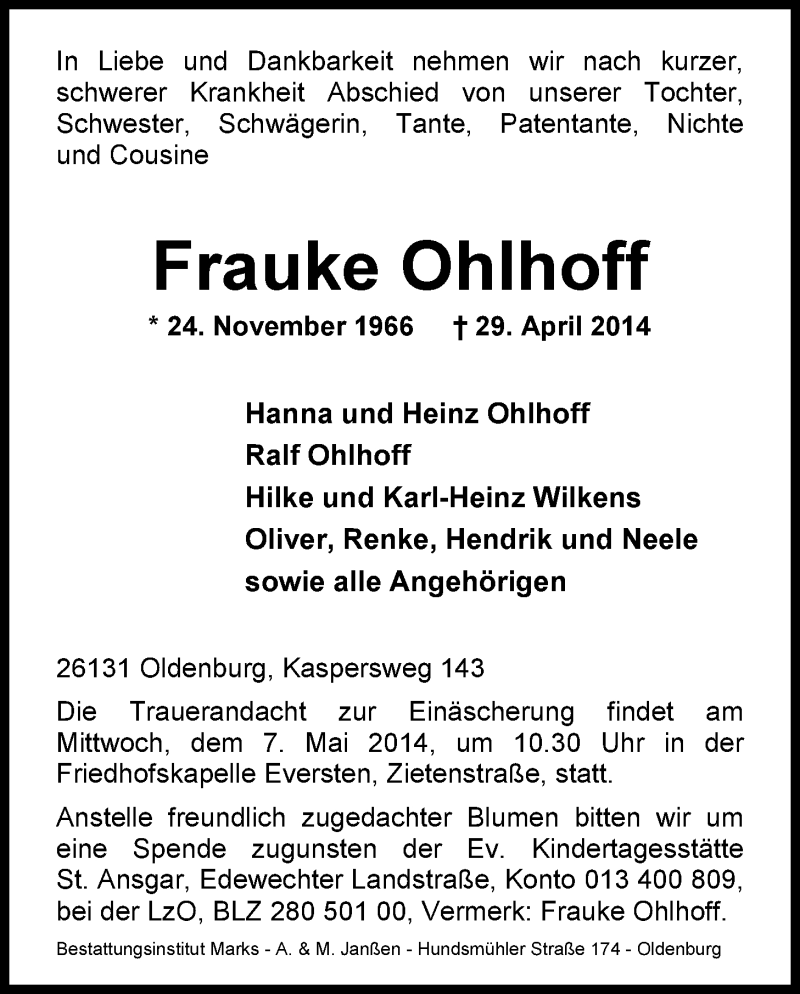  Traueranzeige für Frauke Ohlhoff vom 03.05.2014 aus Nordwest-Zeitung
