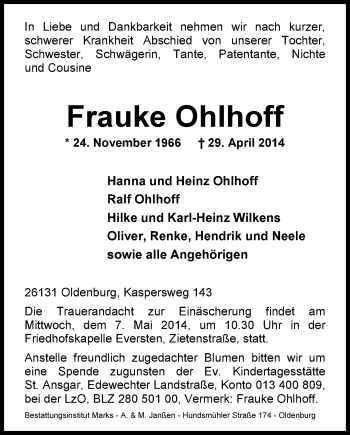 Traueranzeige von Frauke Ohlhoff von Nordwest-Zeitung