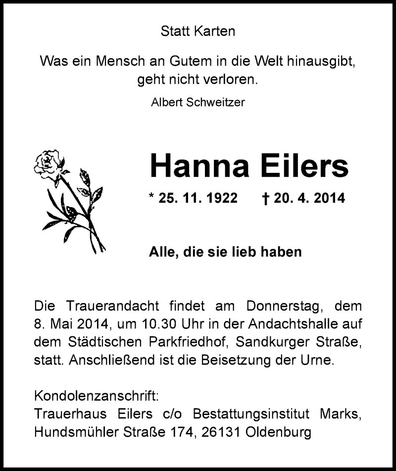  Traueranzeige für Hanna Eilers vom 03.05.2014 aus Nordwest-Zeitung