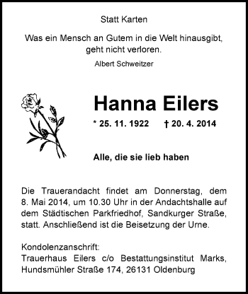 Traueranzeige von Hanna Eilers von Nordwest-Zeitung