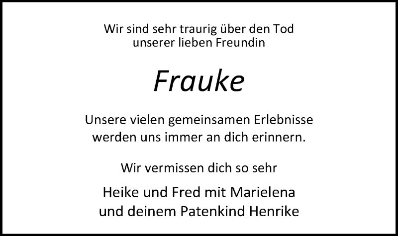  Traueranzeige für Frauke Ohlhoff vom 03.05.2014 aus Nordwest-Zeitung