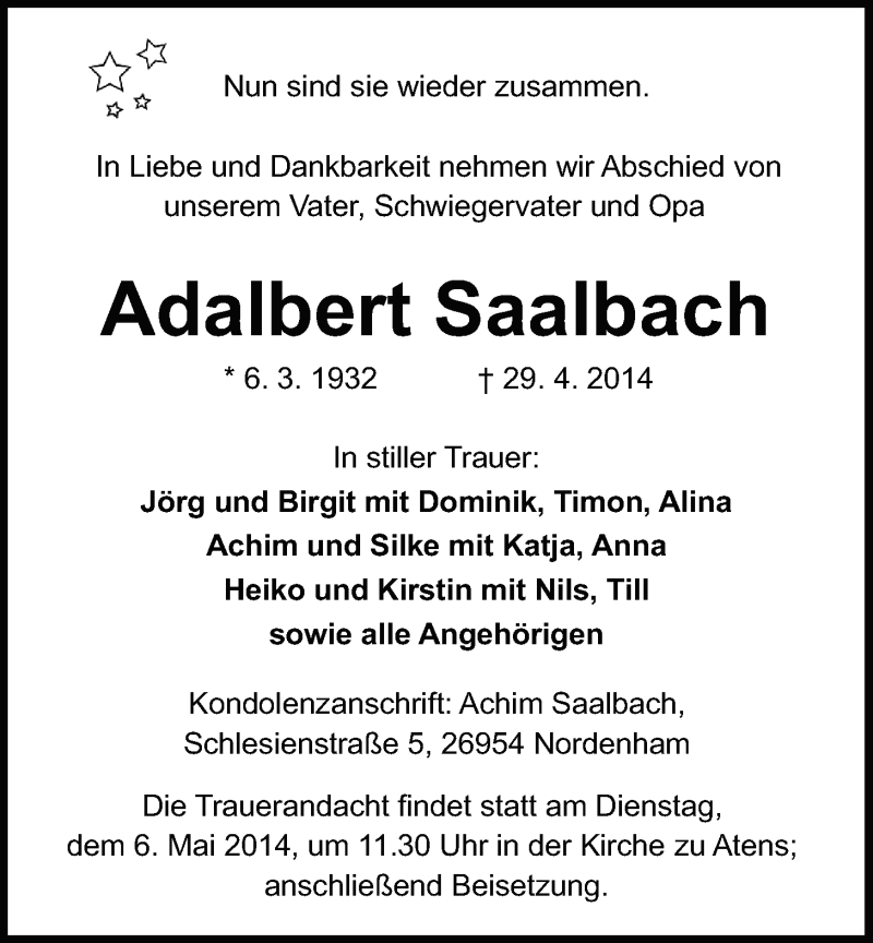  Traueranzeige für Adalbert Saalbach vom 03.05.2014 aus Nordwest-Zeitung