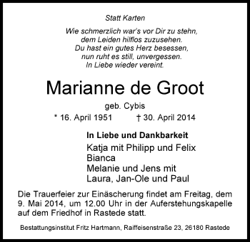 Traueranzeige von Marianne de Groot von Nordwest-Zeitung