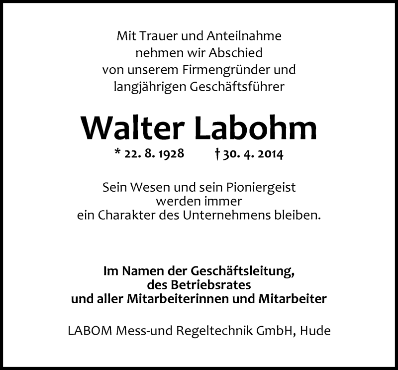  Traueranzeige für Walter Labohm vom 03.05.2014 aus Nordwest-Zeitung