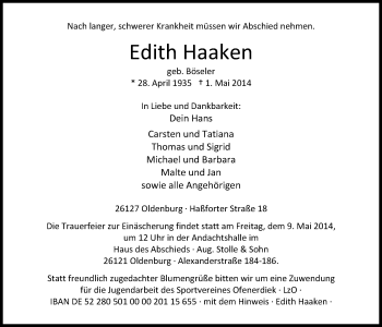 Traueranzeige von Edith Haaken von Nordwest-Zeitung
