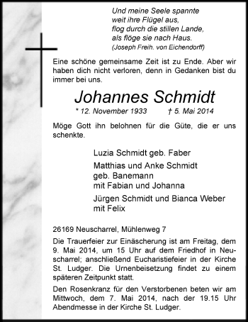 Traueranzeige von Johannes Schmidt von Nordwest-Zeitung