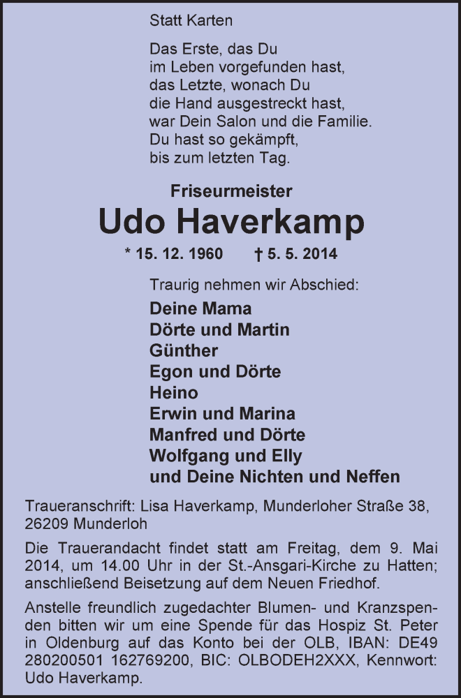  Traueranzeige für Udo Haverkamp vom 07.05.2014 aus Nordwest-Zeitung