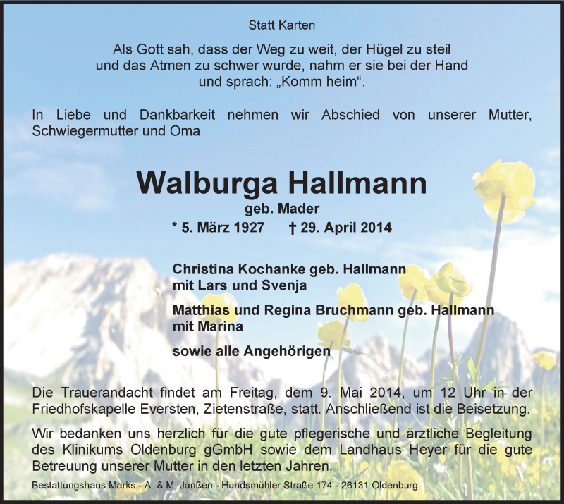  Traueranzeige für Walburga Hallmann vom 07.05.2014 aus Nordwest-Zeitung
