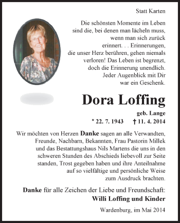 Traueranzeige von Dora Loffing von Nordwest-Zeitung