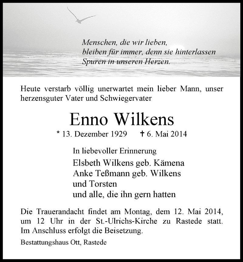  Traueranzeige für Enno Wilkens vom 08.05.2014 aus Nordwest-Zeitung