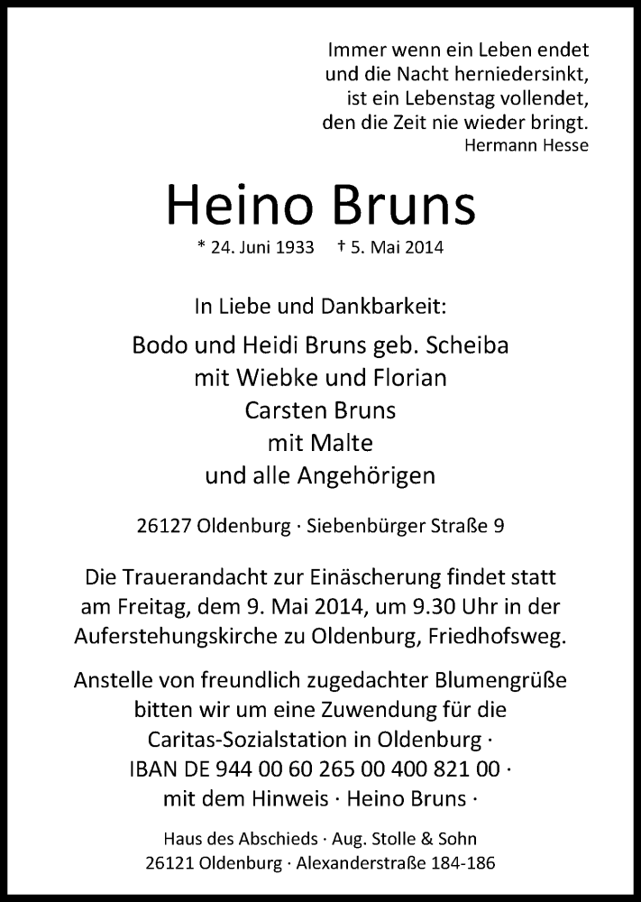  Traueranzeige für Heino Bruns vom 08.05.2014 aus Nordwest-Zeitung