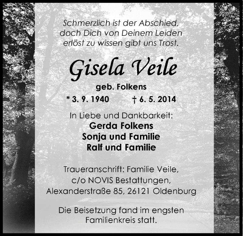  Traueranzeige für Gisela Veile vom 14.05.2014 aus Nordwest-Zeitung