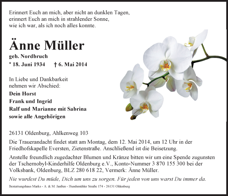  Traueranzeige für Änne Müller vom 09.05.2014 aus Nordwest-Zeitung