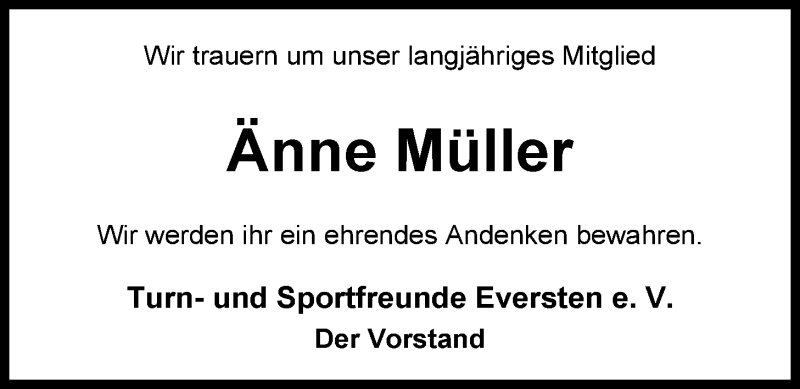  Traueranzeige für Änne Müller vom 09.05.2014 aus Nordwest-Zeitung