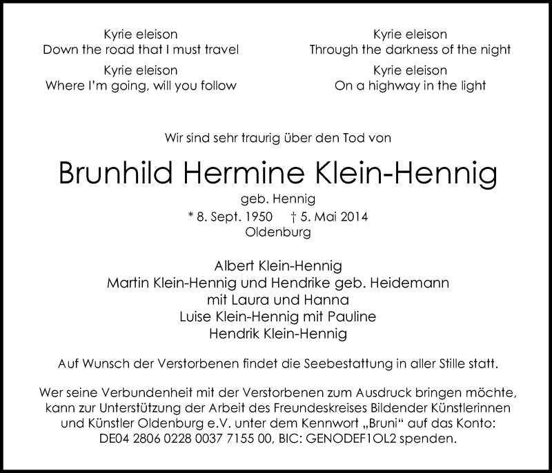  Traueranzeige für Brunhild Hermine Klein-Hennig vom 10.05.2014 aus Nordwest-Zeitung