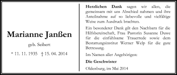 Traueranzeige von Marianne Janßen von Nordwest-Zeitung