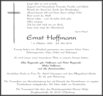 Traueranzeige von Ernst Hoffmann von Nordwest-Zeitung