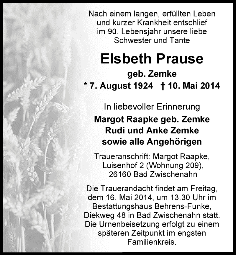  Traueranzeige für Elsbeth Prause vom 13.05.2014 aus Nordwest-Zeitung