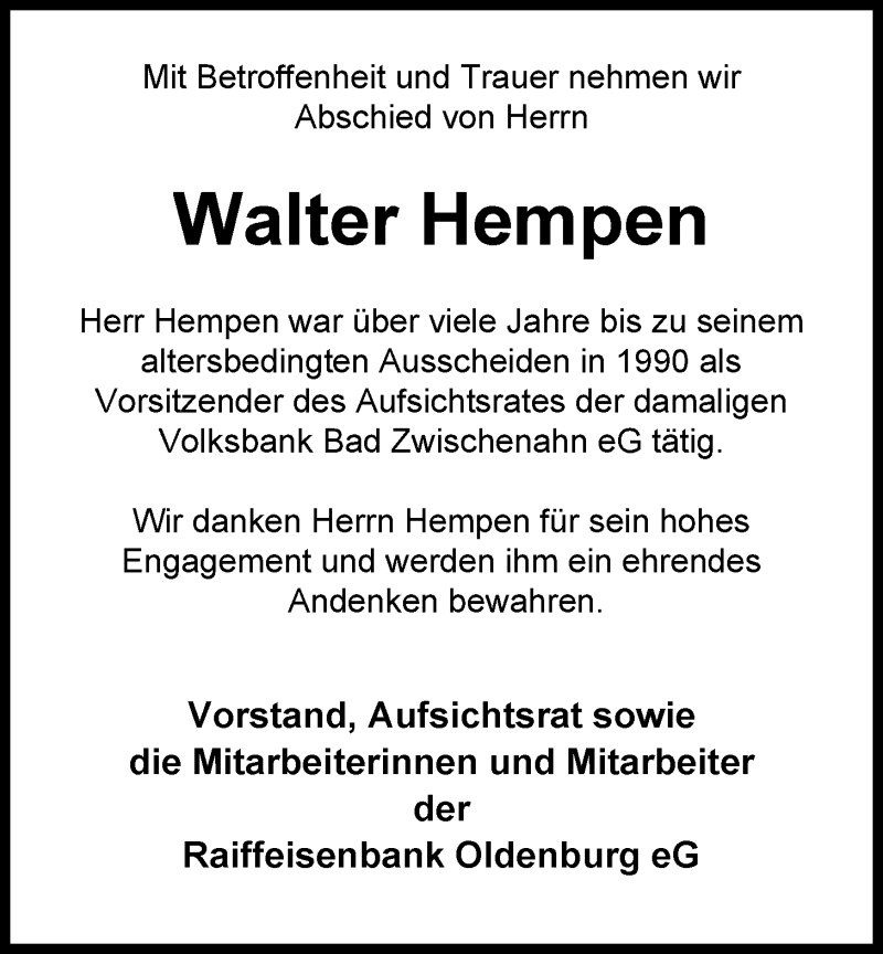  Traueranzeige für Walter Friedrich Hempen vom 15.05.2014 aus Nordwest-Zeitung