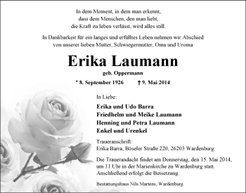 Traueranzeige von Erika Laumann von Nordwest-Zeitung