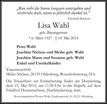 Traueranzeige von Lisa Wahl von Nordwest-Zeitung