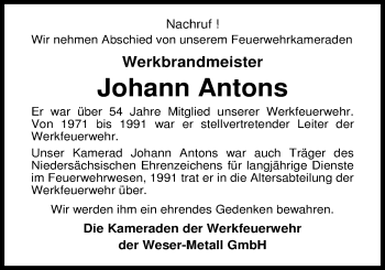 Traueranzeige von Johann Antons von Nordwest-Zeitung