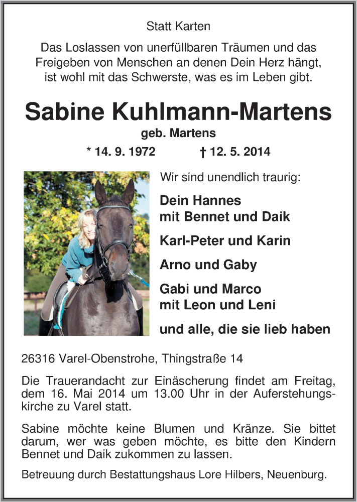  Traueranzeige für Sabine Kuhlmann-Martens vom 14.05.2014 aus Nordwest-Zeitung