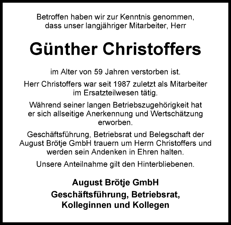  Traueranzeige für Günther Christoffers vom 14.05.2014 aus Nordwest-Zeitung