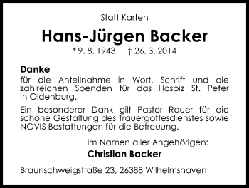 Traueranzeige von Hans-Jürgen Backer von Nordwest-Zeitung