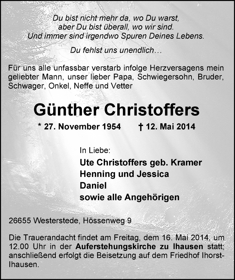  Traueranzeige für Günther Christoffers vom 14.05.2014 aus Nordwest-Zeitung