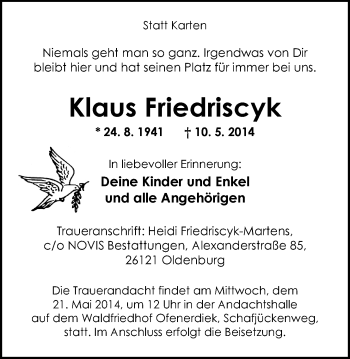 Traueranzeige von Klaus Friedriscyk von Nordwest-Zeitung
