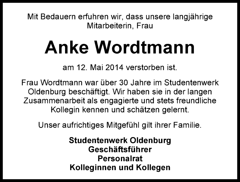  Traueranzeige für Anke Wordtmann vom 15.05.2014 aus Nordwest-Zeitung