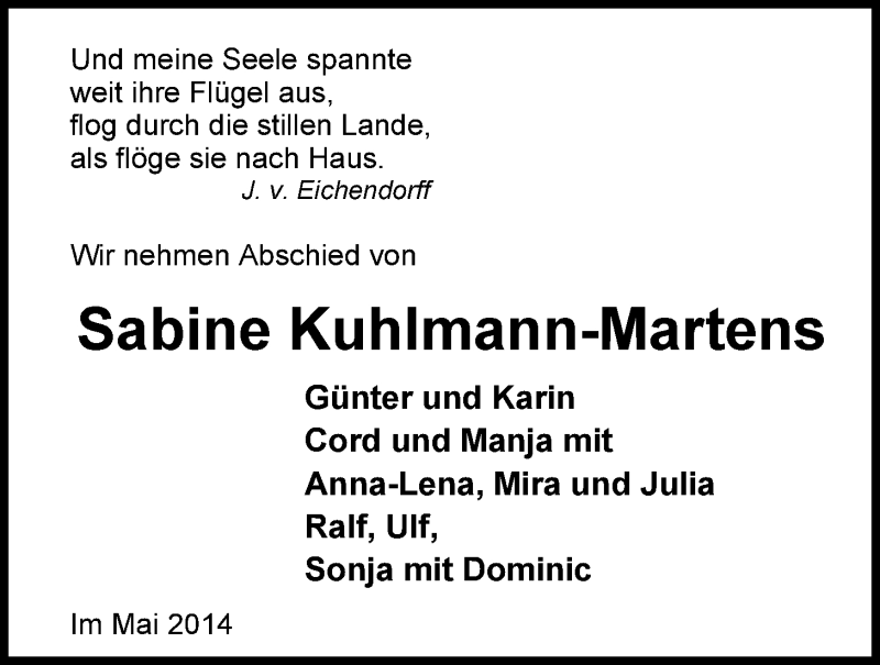  Traueranzeige für Sabine Kuhlmann-Martens vom 15.05.2014 aus Nordwest-Zeitung